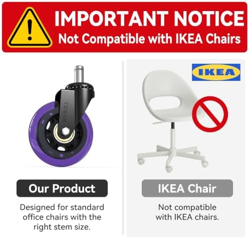 WEWILL Office Chair Wheels - Rubber Casters Replacement Universal Fit 98% Chair(Set of 5) Heavy Duty 3 Inch Smoothly & Quietly Safe for All Floor, Hardwood, Tile, Carpet, Noise Free - Purple