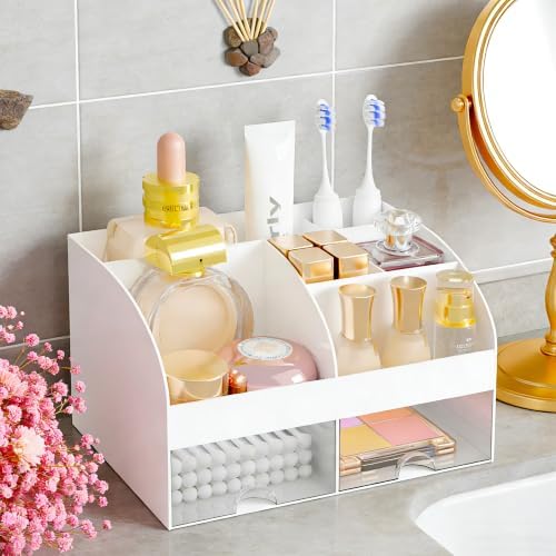 Makeup Organizer with 2 Drawers, Cosmetic Storage for Dresser Vanity and Bathroom Countertop,Make up organization and Skincare Storage with Beauty Brush Holder, Cosmetic Display Case 2Pcs White