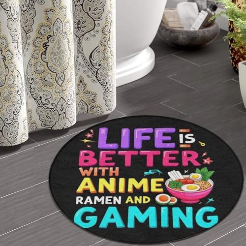 Women's Large Home Decor Mat, Soft Round Yoga Carpet, Non Slip Machine Washable Home Office Circle Rug Life is Better with Anime Ramen Gaming