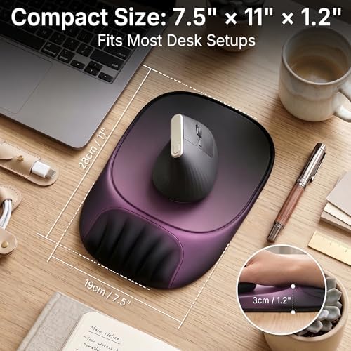Ergonomic Mouse Pad with Wrist Rest, Sloped Memory Foam Mousepad with Wrist Support, Cooling Channels, Non-Slip Base, Smooth Lycra Surface for Office, Gaming & Home Desk (Galactic Purple)
