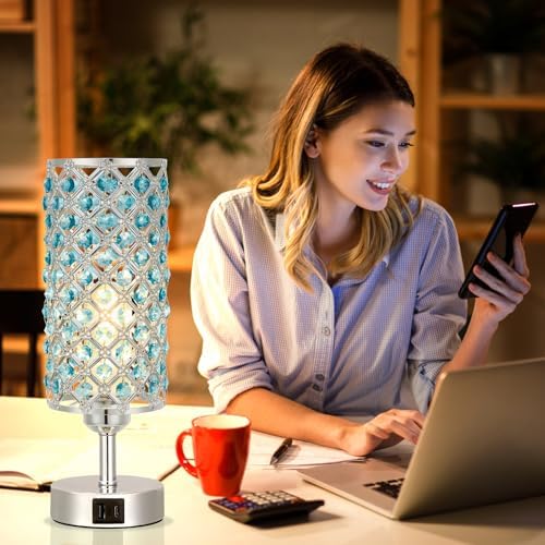 Blue Crystal Bedside Lamp, Nightstand Lamp for Bedroom (Bulb included)