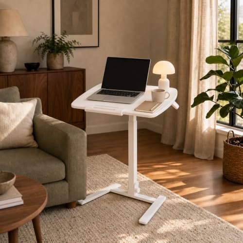 25" Folding Standing Desk with Wheels, Laptop No Assembly Pneumatic Height Adjustable Portable Rolling Desk, 29"-42" Sit Stand Desk with 0-90° Tilt Top, Computer Workstation for Home Office (White)