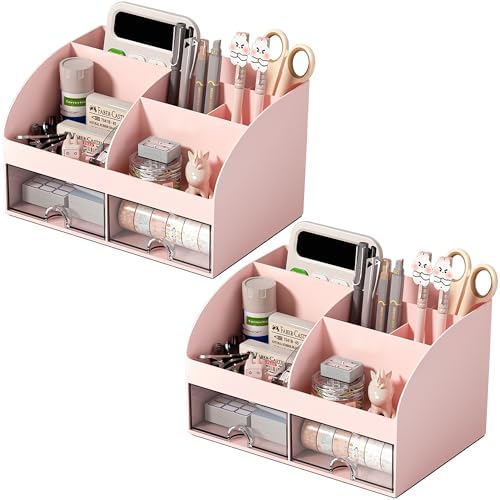 COMFYROOM Desk Organizer with 6 Compartments and 2 Drawers, Plastic Makeup Organizer, Pen Holder for Desktop Storage, Desk Organization for School, Home, Office Supplies Pink-2Pack