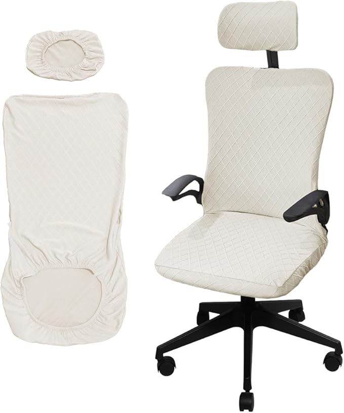 Ergonomic Office Chair Covers Set with Headrest Cover Stretch Desk Computer Chair and Headrest Slipcovers Washable Protector Slipcovers for Swivel Computer Chair 2 Pieces White