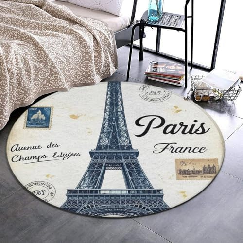 Men's Large Home Decor Mat, Soft Round Yoga Carpet, Non Slip Machine Washable Home Office Circle Rug Eiffel Tower