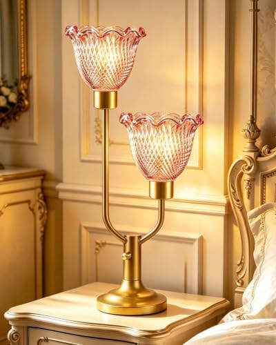 Lightdot Flower Glass Table Lamp for Bedroom Vintage Pink Lamp Dimmable
