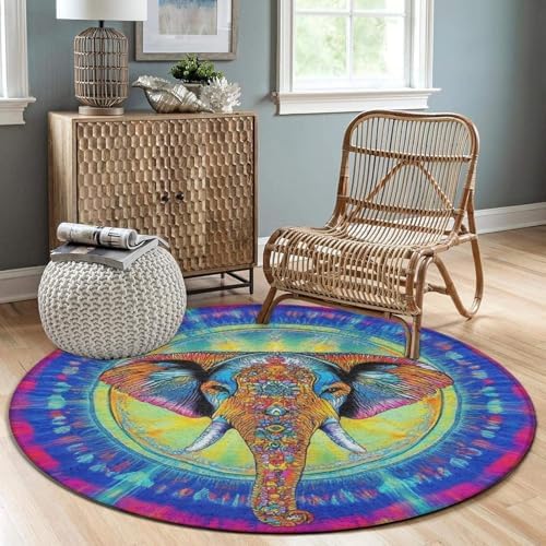 Room Sofa Yoga Soft Round Carpet, Home Decor Non Slip Kitchen Office Circle Rug, Machine Washable Modern Round Area Rug Elephant Head Tie Dye Art, 60inch