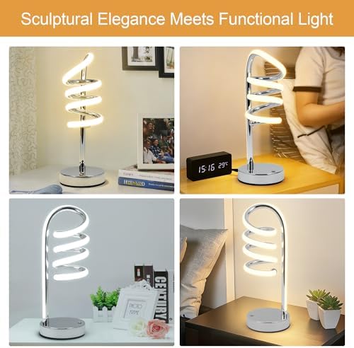 Modern Spiral Table Lamp for Bedside Nightstand Touch and Remote Dual Control, 3 Color Temperatures and Dimming Mountain-Winding Road Shape Led Desk Light Yarra-Decor Nuur Lamps - Silver