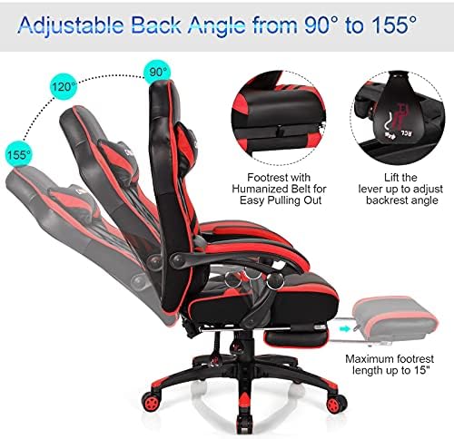 GYMAX Gaming Chair, Ergonomic Computer Chair with Footrest, Linkage Armrests & Lumbar Cushion, Big Wide High Back Video Gaming Chair, Reclining Office Rolling Chair for Adult/Teens (Red)