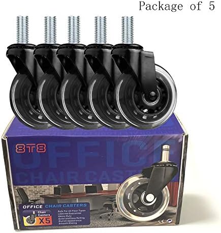 8T8 Upgraded Chair Caster Wheels 3'', Quiet and Smooth Rolling,Heavy Duty Wheels with Threaded Stem 3/8''-16x1(Not Metric M10), Safe for Hardwood Tile Carpet Floors, Set of 5