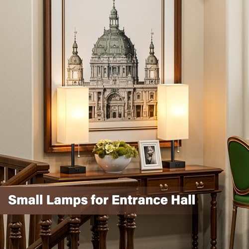White Bedside Lamps for Bedroom Set of 2 - Small Rectangular Nightstand Lamp with AC Outlet Charging Port, 3 Color Temperatures Desk Light with Bulb, Tabletop Reading Lamp for Living Room/Dorm/Office