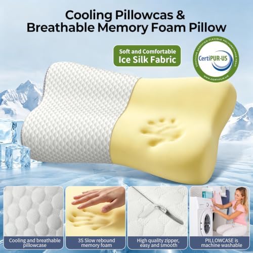 Cervical Neck Pillow for Pain Relief, Contour Memory Foam Pillows for Sleeping, Ergonomic Pillow Orthopedic Cooling Pillow Bed Pillow Neck Support for Side Back Stomach Sleepers (Off White&Gray)