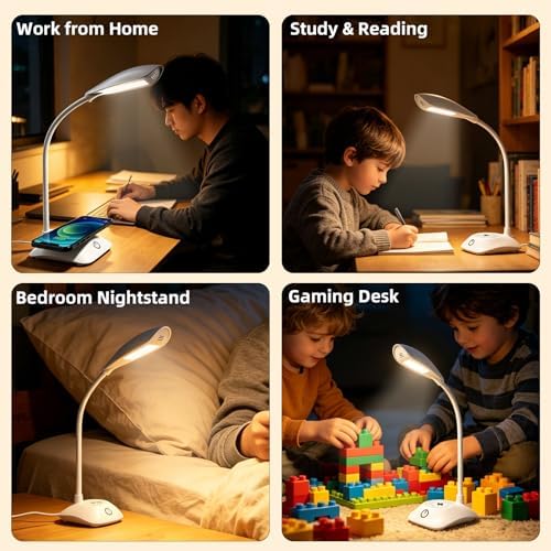 Desk Lamp with Wireless Charger College Dorm Home Office Bedside White