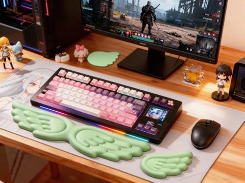 Angel Wing Wrist Rest Ergonomic Memory Foam Wrist Rest for Computer Keyboard Mouse Set with Cup Mat, Cute Gaming Keyboard Cushion Hand Support PU Leather Surface Anti-Slip Waterproof (Green)