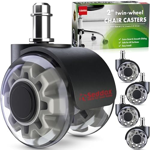 Office Chair Wheels Replacement Set of 5 - Dual 2 Inch Soft Chair Casters for Hardwood Vinyl Tile - Heavy Duty & Safe for All Floors - Universal Fit Most Computer Gaming & Desk Chairs - Grey