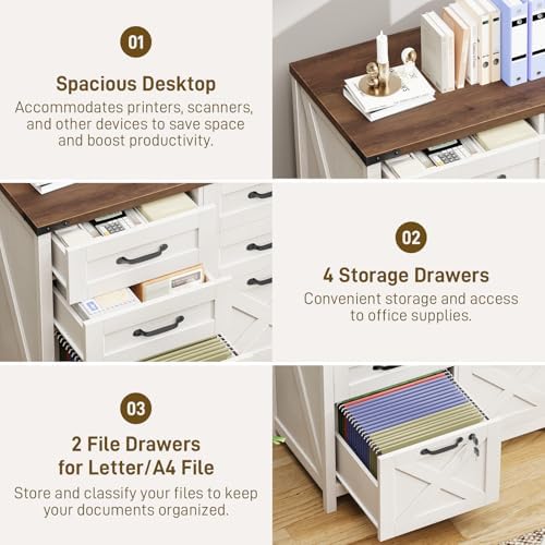 Halitaa Farmhouse Lateral File Cabinet with 6 Drawers, Rustic White