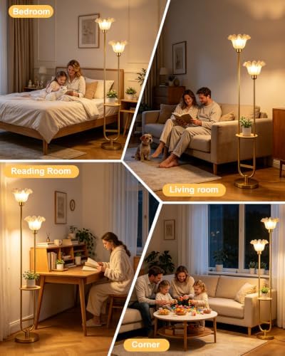 Flower Floor Lamps with Table, 2-Lights Dimmable Floral Floor Lamp, 3000K Warmwhite Modern Floor Lamp, Vintage Gold Standing Lamp with 5Lbs Heavy Base for Living Room Bedroom Girls Room