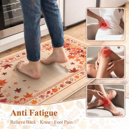 KIMODE Fall Kitchen Mats Cushioned Anti Fatigue 17"x47"+17"x29", Beige Kitchen Mats for Floor, Padded Kitchen Floor Mats Non Slip, Autumn Maple Leaves Standing Mat for Laundry Office Sink Desk