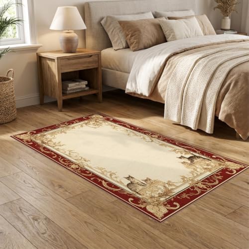 5'x7' Ivory Cat Crimson Motif with Swirls Washable Area Rug
