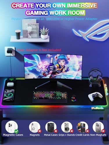 Mouse Pad with 15W Magnetic Wireless Charging, RGB Mousepad for Desk Mat, XXL Desk Pad with 11 Colors 5 Modes, Home Office Keyboard Pad Waterproof Non-Slip for PC Gaming