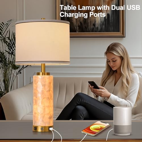 AIDENOEY 26" Modern Art Glass Table & Bedside Lamp, Stepless Dimmable Base + Dimmable 3-Color Light, USB A/C Charging Ports, Touch Control & Switch for Bedroom, Living Room, Office, Study