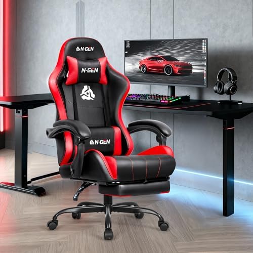 N-GEN GAMING Gaming Chair with Footrest, Lumbar, High-Back, Red Black