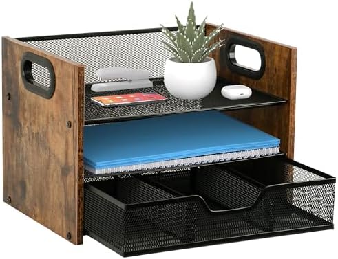 Wood Desk Organizer - 3-Tier Desktop File Organizer with Drawer, Wooden Paper Tray, Office Desk Organzier and Accessories for Papers, Mail, Notebooks, Stationery