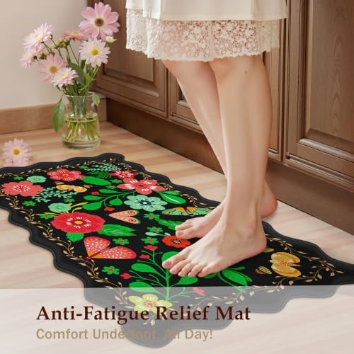 Arenarug Scalloped Black Kitchen Mats for Floor Cushioned Anti Fatigue Kitchen Mats Rugs Waterproof Non Slip Farmhouse Boho Floral Comfort Foam Standing Mat for Sink Laundry, 17.3x47