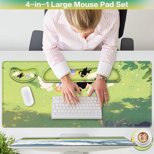 Desk Mat, Large Gaming Mouse Pad with Wrist Rest, 4in1 XXL Mousepad+Keyboard Wrist Rest+Mouse Pad Wrist Support+Cup Coaster Set Ergonomic Computer Desk Arm Wrist for Decor Home Office Women