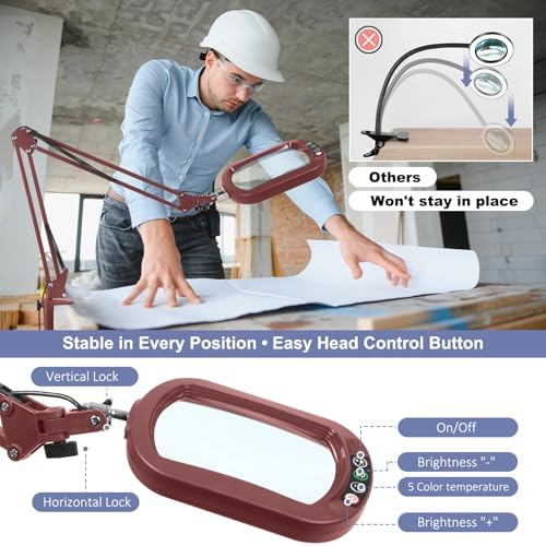 14.35" Large Magnifying Glass with Light and Clamp, Real Glass, 5 Color Modes, Stepless Dimmable, Lighted Magnifier with Stand Hands Free, LED Swing Arm Desk Lamp for Close Work, Craft, Red