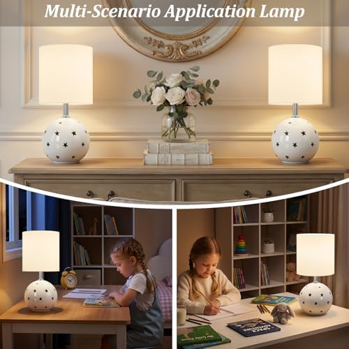 Small Table Lamp,14" White Ceramic Bedside Lamp for Girls Kids Bedroom,Dorm