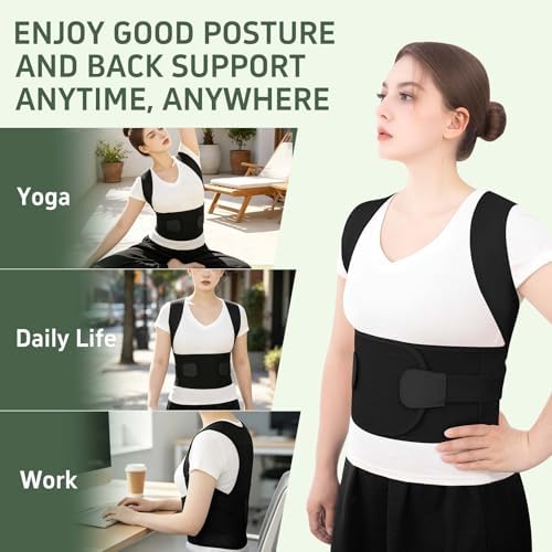 Posture Corrector Back Brace for Men and Women, Adjustable Upper Back and Shoulder Support, Lightweight Breathable Design for Daily Wear, Office Work, Computer Use and Studying Black, Small