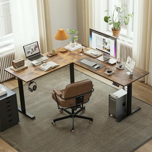 Agilestic 63 x 55 Inch L Shaped Electric Standing Desk, Rustic Brown