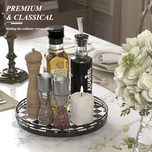 AMH 10-Inch Black and White Checkerboard Lazy Susan with Oak Base