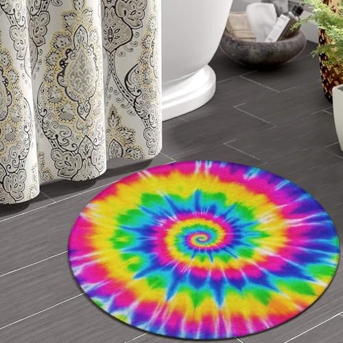 Fashion Round Area Rug Large Non Slip Carpet, Red Blue Yellow Spiral Tie Dye Rainbow Unisex Home Decor Mat