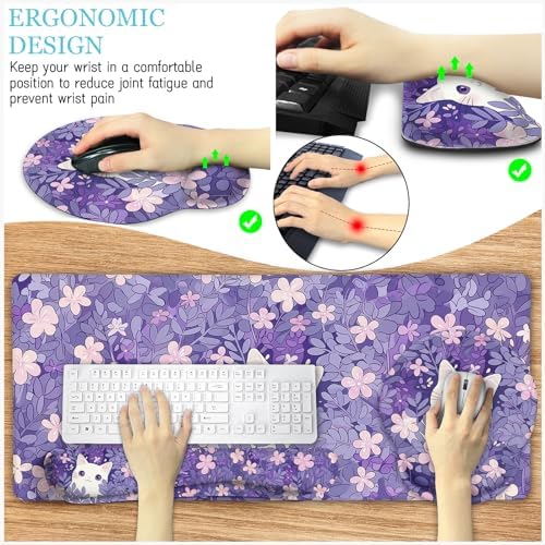 LIMKRIAN Purple Mouse Pad Large Desk Mat Set, Kawaii Cat Gaming Mousepad