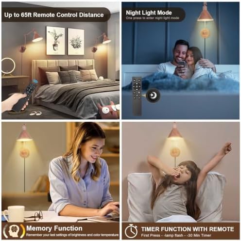 TRLIFE Dimmable Wall Sconce, Remote Control Plug in Wall Sconce Dimming 10%-100% and Adjustable Color Temperature 2700K-6000K, Swing Arm Wall Lights with Plug in Cord, UL Listed(2 Pack, Walnut Color)