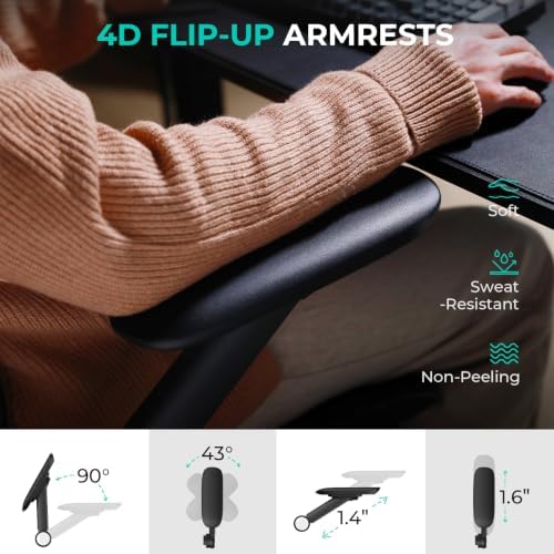CAPOT Ergonomic Office Chair 400lbs Mesh Seat, High Back Adjustable Lumbar, 90/110/125°Backrest Lock, Flip-up Armrests, 3D Headrest, Computer Desk Gaming Chair with PU Wheels - Black