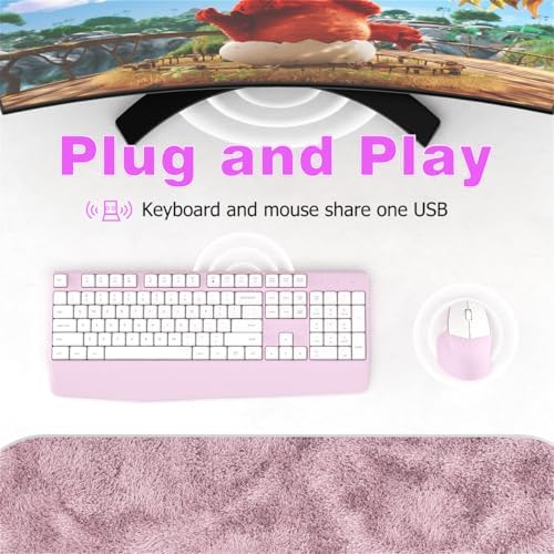 Ergonomic Wireless Keyboard and Mouse Combo with Wrist Rest (White Pink)