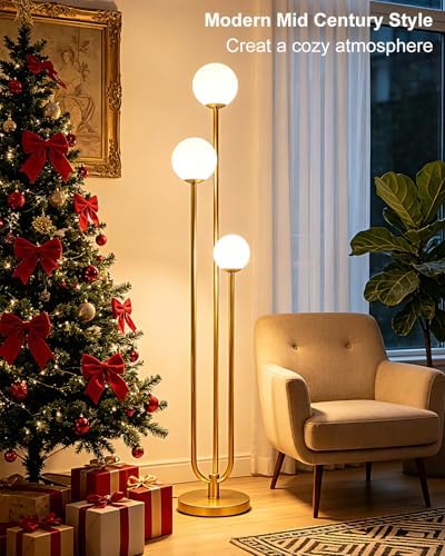 63IN 3-Light Dimmable Floor Lamp, Unique Gold Tall Standing Lamps with 3000K G9 Bulbs for Reading, Mid Century Modern Floor Lamp with 5Lbs Heavy Base for Living Room Bedroom Home Office