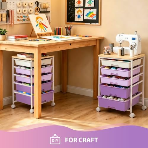 Goovilla Rolling Cart with 5 Drawers for Craft, Art, Dorm, Office, Purple