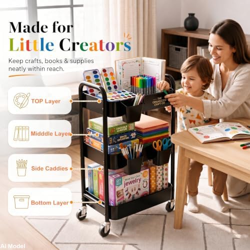 3 Tier Rolling Cart Metal with Wheels,Black Three Tiered Dorm Storage Carts