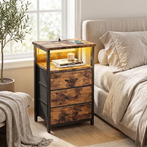 Fixwal Night Stand with 3 Fabric Drawers, Nightstand with Charging Station
