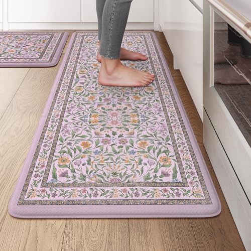 KIMODE Anti Fatigue Kitchen Mats,Purple Boho Floral Kitchen Rugs Sets of 2