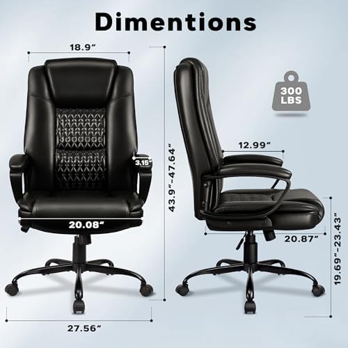 Executive Office Chair, High Back Ergonomic Desk Chair with Lumbar Support, Adjustable Big and Tall Computer Chair, 360° Swivel, PU Leather, Black