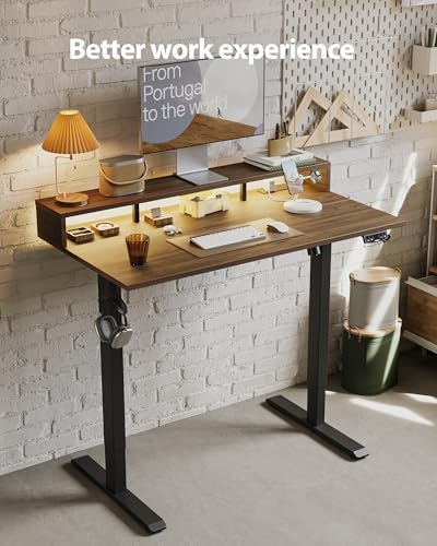 Agilestic 48 * 24 Inch Electric Standing Desk with Shelf & Led, Dark Walnut