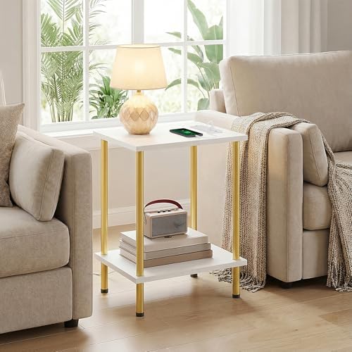 HOOBRO Side Table with Charging Station, Set of 2 End Tables with USB Port and Outlets, Nightstand with 2-Layer Storage Shelves for Small Spaces, Living Room, Bedroom, White and Gold DW09UBZP201