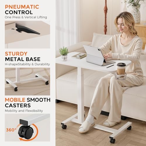 GTPLAYER Small Standing Desk with Wheels, Pneumatic Mobile Rolling Laptop Desk,Adjustable Height Overbed Bedside Table Computer Workstation for Home Office (28" W x 16" D, Ivory White)