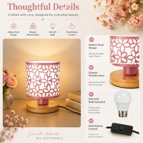 Green Small Table Lamp, LED Cutout Metal Bedside Lamp with 3 Color Temperatures for Office, Living Room, Bedroom, Dorm (Pink)
