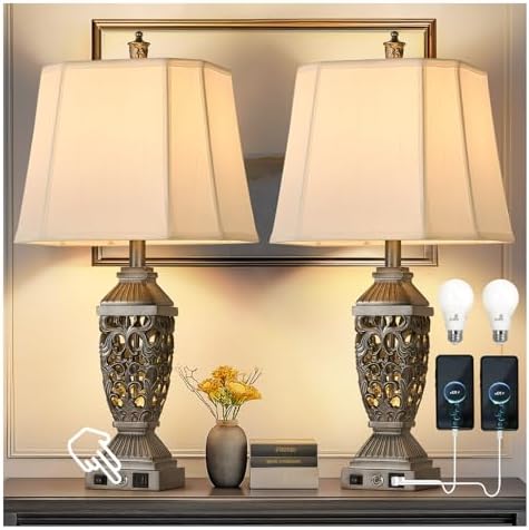 AIDENOEY Farmhouses Table Lamp with USB & USB-C Charging Ports, 3-Color Dimmable & Stepless Bottom Dimming, Touch Control & Switch, Vintage Bedside Lamp for Bedroom Living Room Office,(27.5" high)